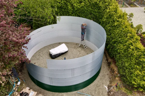 Typ zbiornika STANDARD, pojemność: 122 m3, woj. śląskie. Przeznaczenie: woda deszczowa, gruntowa